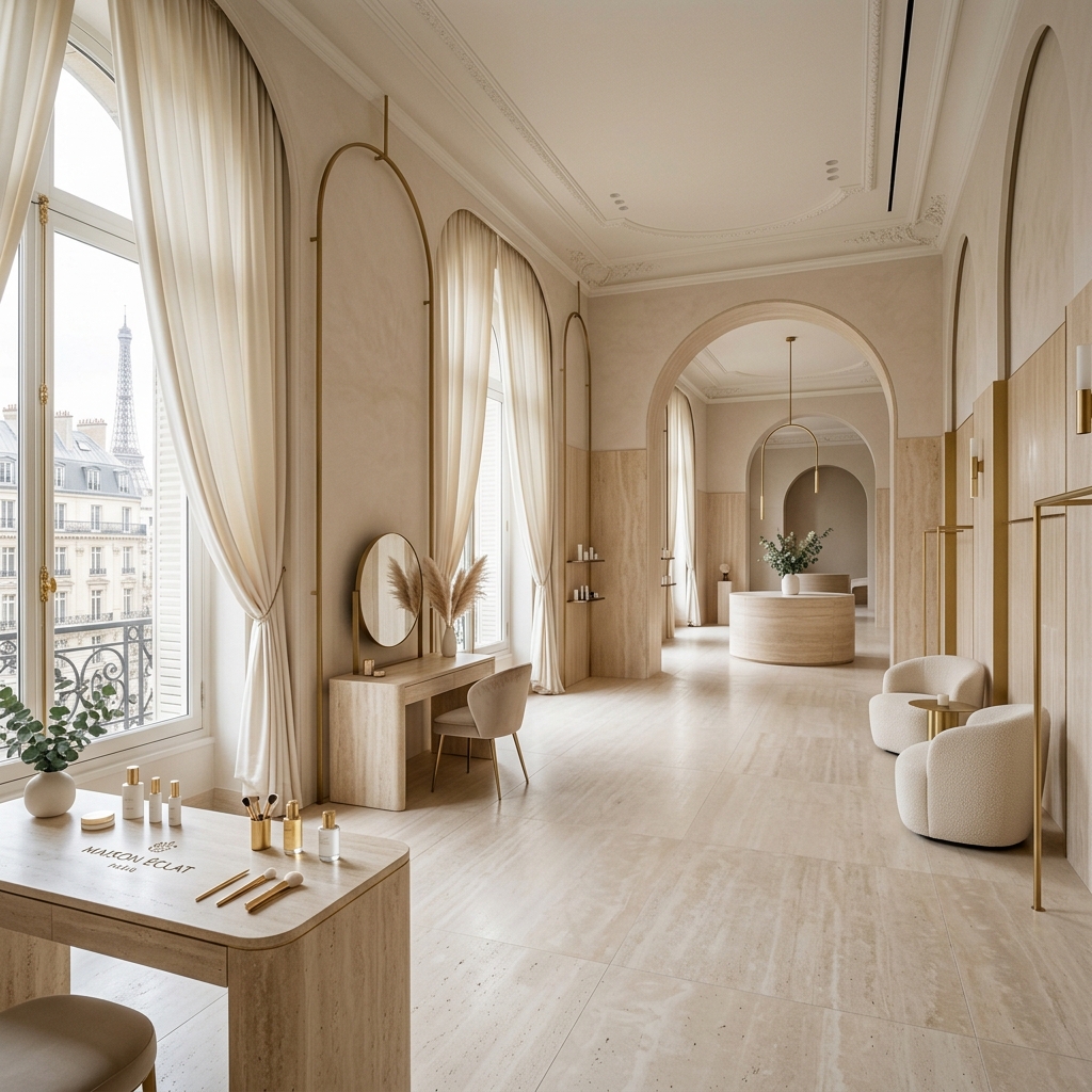 Salão e Atelier Minimalista Maison Véronique com detalhes em mármore travertino e dourado
