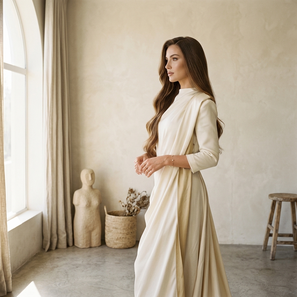Retrato de mulher elegante com cabelos longos em estúdio de luxo